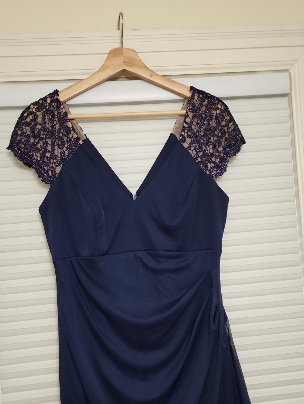 X by Xscape Size 10 Navy Lace Sleeve Ruched Formal Maxi Dress
